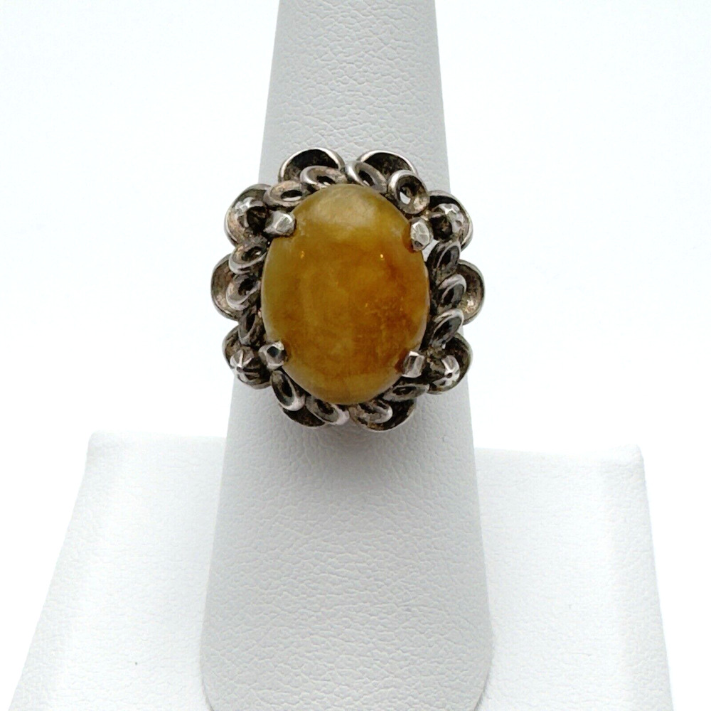 Vintage 1960-70 Sterling Silver Yellow Stone Ring Sz 6.75 Retro Ornate Metalwork